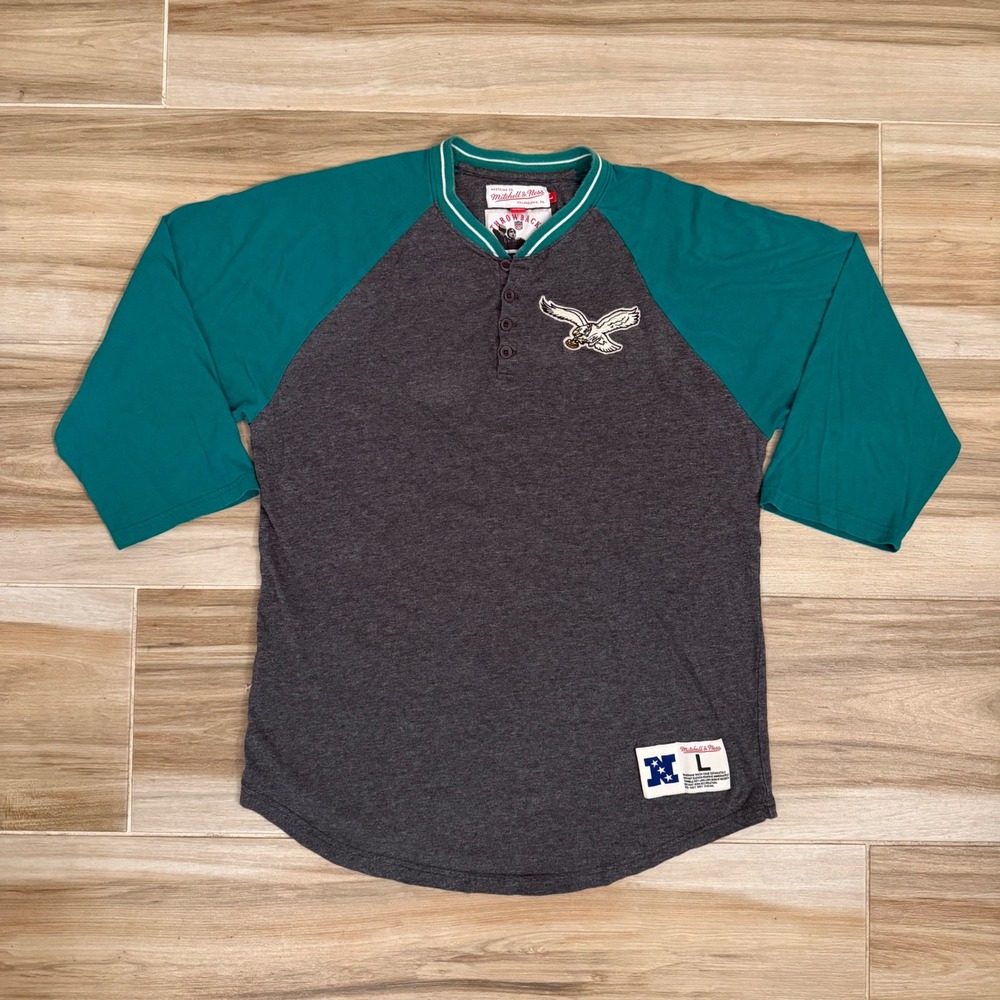 Mitchell & Ness Philadelphia Eagles Throwback Henley Shirt Mens Large Grey Teal